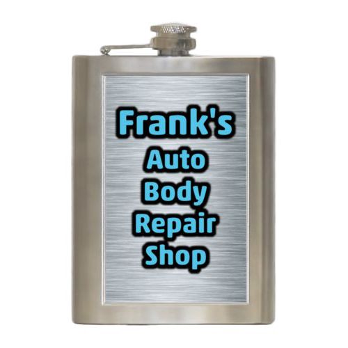 Personalized 8oz flask personalized with steel industrial pattern and the saying "Frank's Auto Body Repair Shop"