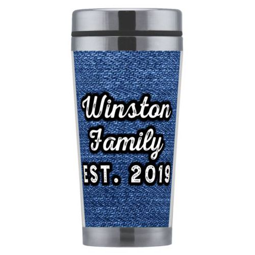 Personalized coffee mug personalized with denim industrial pattern and the saying "Winston Family Est. 2019"