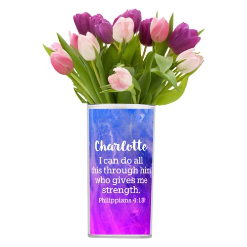 Personalized vase personalized with ombre amethyst pattern and the saying "Charlotte I can do all this through him who gives me strength. Philippians 4:13"