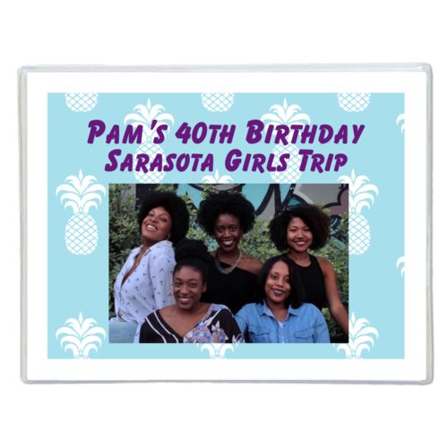Personalized note cards personalized with welcome pattern and photo and the saying "Pam's 40th Birthday Sarasota Girls Trip"