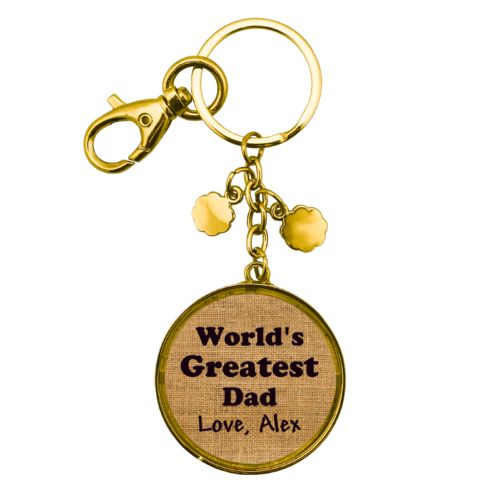 Personalized keychain personalized with burlap industrial pattern and the saying "World's Greatest Dad Love, Alex"