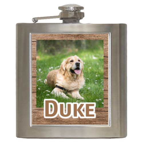 Personalized 6oz flask personalized with brown wood pattern and photo and the saying "Duke"