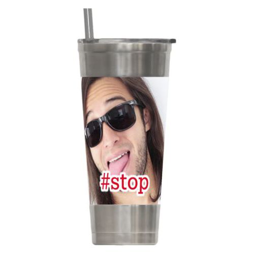 Personalized insulated steel tumbler personalized with photo and the saying "#stop"