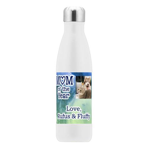 Personalized stainless steel water bottle personalized with ombre quartz pattern and photo and the sayings "Mom of the Year" and "Love, Rufus & Fluffy"