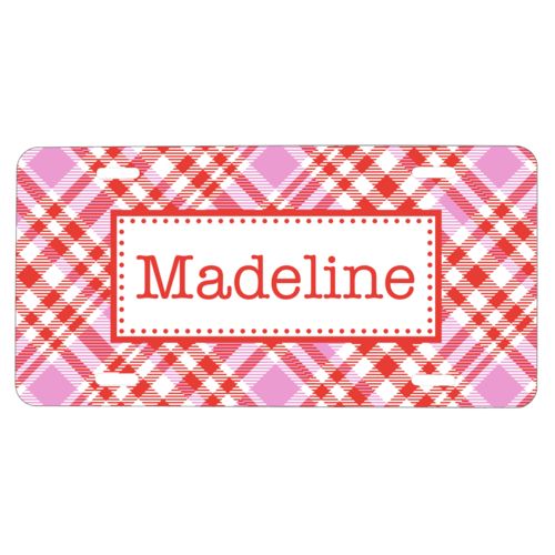 Personalized license plate personalized with tartan pattern and name in red punch and thistle