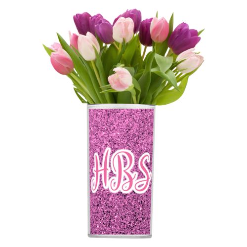Personalized vase personalized with light pink glitter pattern and the saying "HBS"
