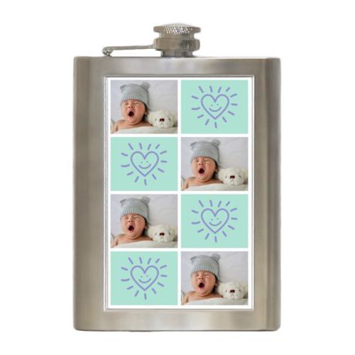 Personalized 8oz flask personalized with a photo and the saying "Smiling Heart" in easter purple and mint