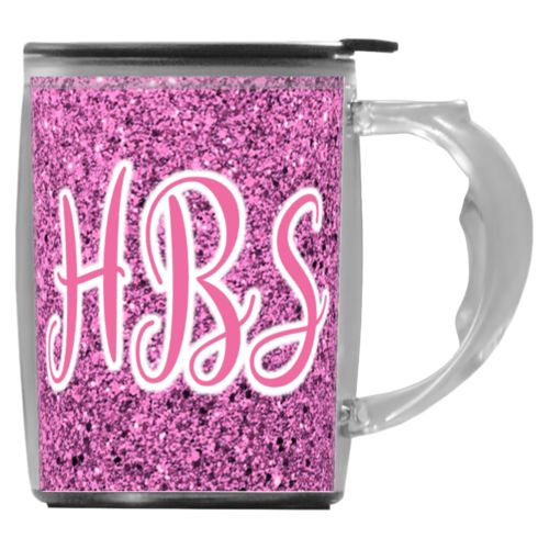 Custom mug with handle personalized with light pink glitter pattern and the saying "HBS"