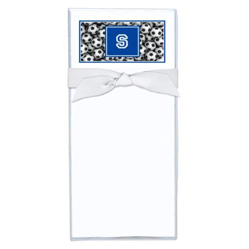 Personalized note sheets personalized with soccer balls pattern and initial in royal blue