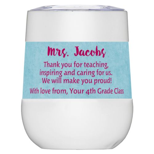 Personalized insulated wine tumbler personalized with teal chalk pattern and the saying "Mrs. Jacobs Thank you for teaching, inspiring and caring for us. We will make you proud! With love from, Your 4th Grade Class"