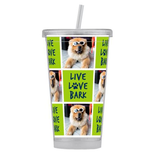 Personalized tumbler personalized with a photo and the saying "Live love bark" in navy blue and juicy green