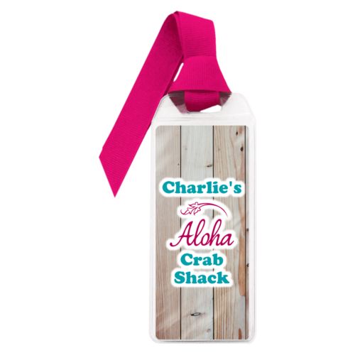 Personalized book mark personalized with light wood pattern and the sayings "Aloha" and "Charlie's Crab Shack"