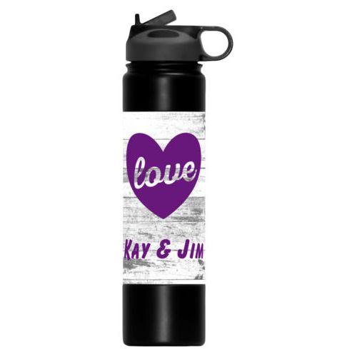 Vacuum insulated bottle personalized with white rustic pattern and the sayings "love" and "Kay & Jim"