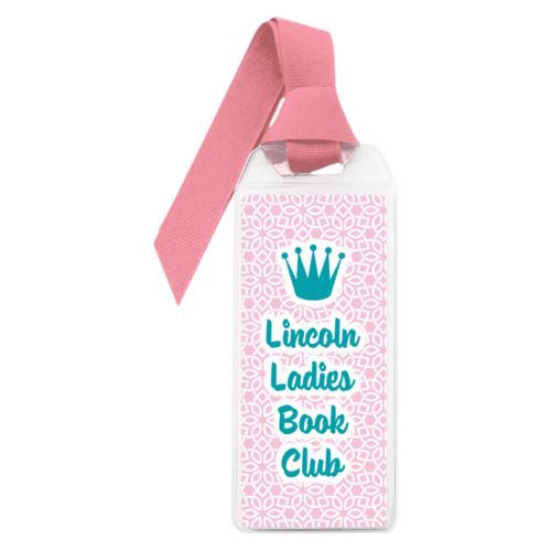 Personalized book mark personalized with lattice pattern and the sayings "Lincoln Ladies Book Club" and "Crown"