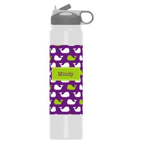 Custom water bottle personalized with whales pattern and name in orchid and juicy green