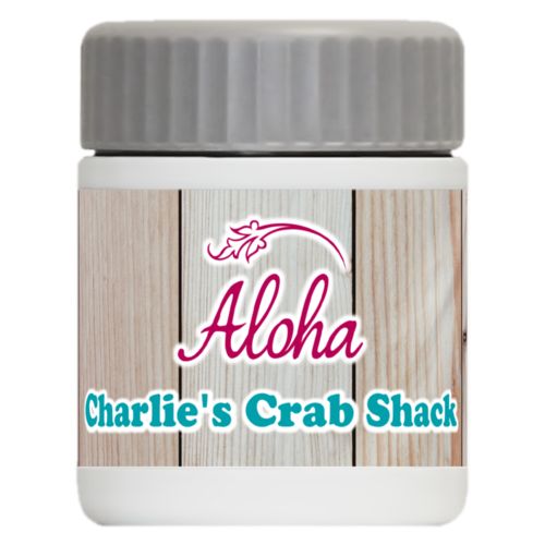 Personalized 12oz food jar personalized with light wood pattern and the sayings "Aloha" and "Charlie's Crab Shack"