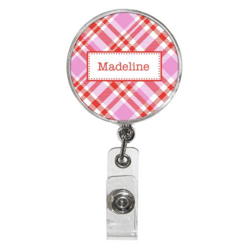 Personalized badge reel personalized with tartan pattern and name in red punch and thistle