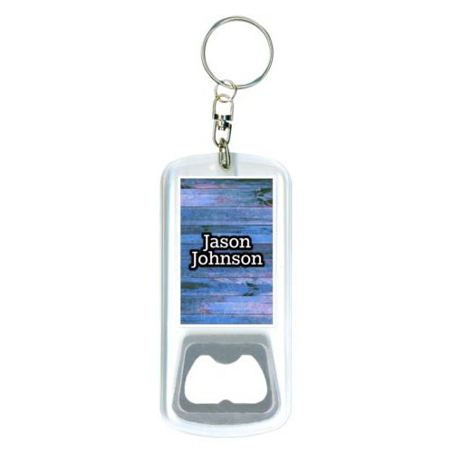 Personalized bottle opener personalized with sky rustic pattern and the saying "Jason Johnson"
