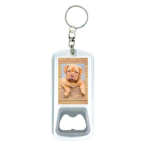 Personalized bottle opener personalized with natural wood pattern and photo