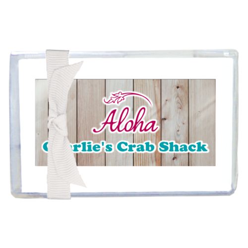 Personalized enclosure cards personalized with light wood pattern and the sayings "Aloha" and "Charlie's Crab Shack"