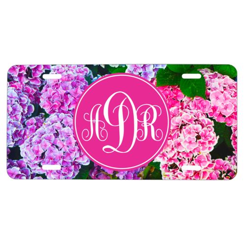 Personalized license plate personalized with hydrangea pattern and monogram in pink