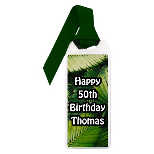 Personalized book mark personalized with plants fern pattern and the saying "Happy 50th Birthday Thomas"