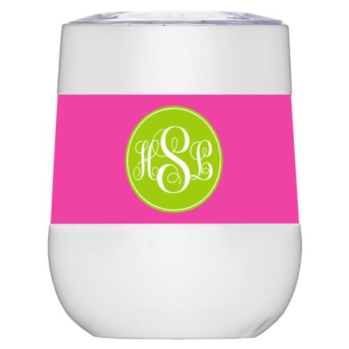 Personalized insulated wine tumbler personalized with concaved pattern and monogram in juicy green and juicy pink