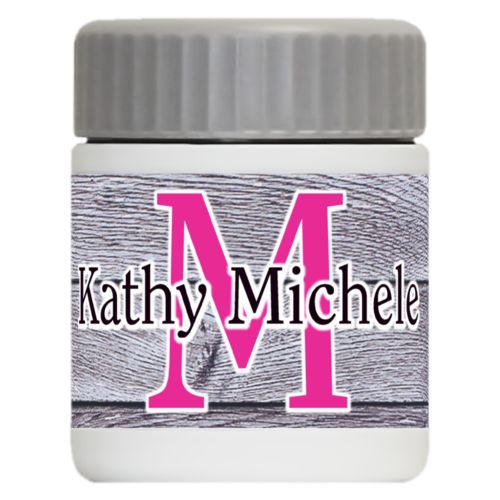 Personalized 12oz food jar personalized with grey wood pattern and the sayings "M" and "Kathy Michele"