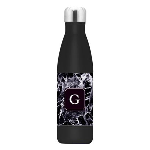 Custom insulated water bottle personalized with onyx pattern and initial in black licorice
