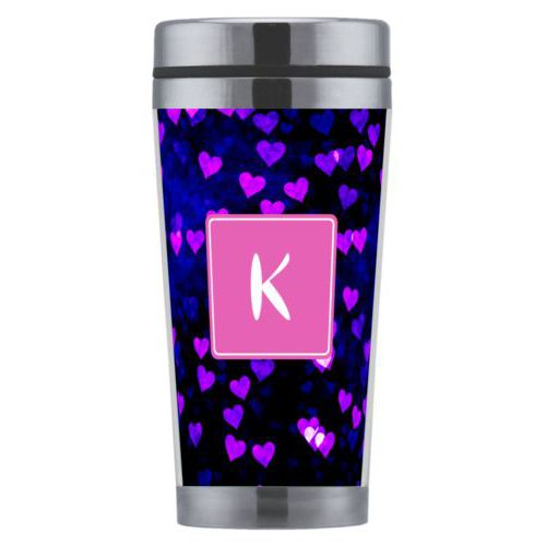 Personalized coffee mug personalized with dream hearts pattern and initial in pink
