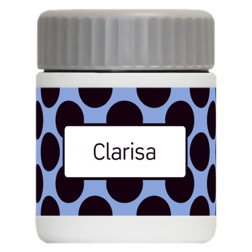 Personalized 12oz food jar personalized with dots pattern and name in black and serenity blue