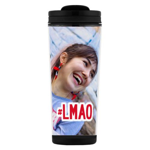 Custom tall coffee mug personalized with photo and the saying "#lmao"