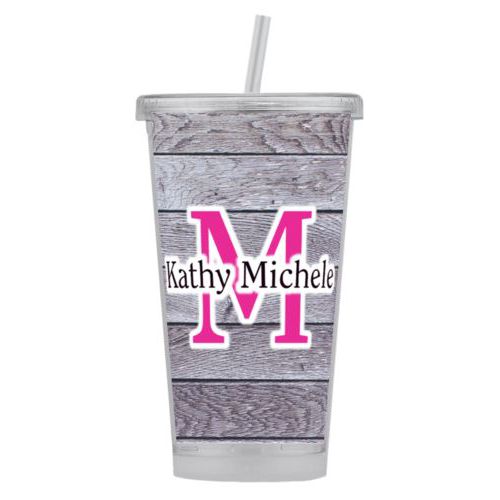 Personalized tumbler personalized with grey wood pattern and the sayings "M" and "Kathy Michele"