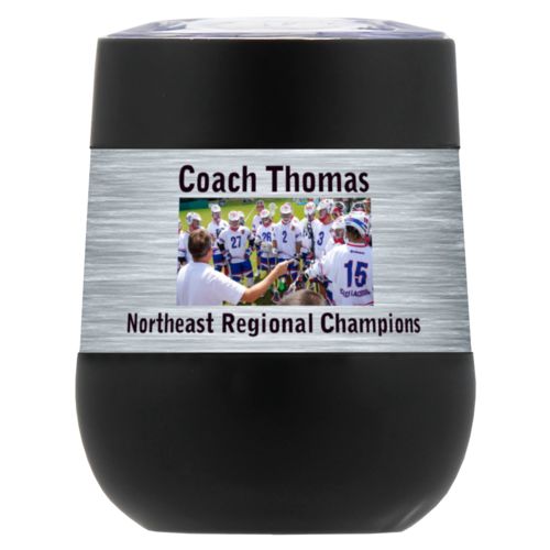 Personalized insulated wine tumbler personalized with steel industrial pattern and photo and the sayings "Coach Thomas" and "Northeast Regional Champions"