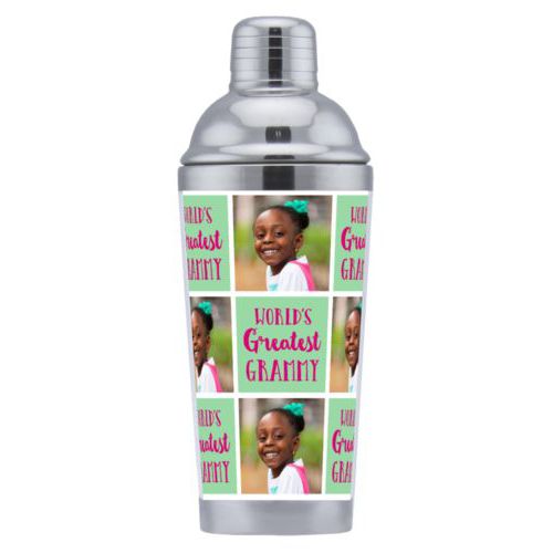 Coctail shaker personalized with a photo and the saying "World's Greatest Grammy" in pomegranate and spearmint