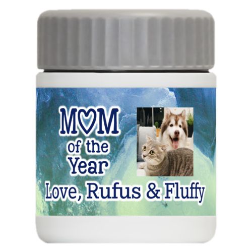 Personalized 12oz food jar personalized with ombre quartz pattern and photo and the sayings "Mom of the Year" and "Love, Rufus & Fluffy"