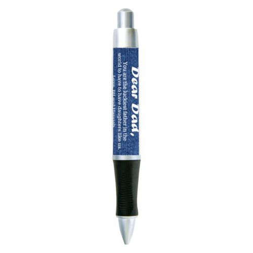 Personalized pen personalized with denim industrial pattern and the sayings "You are the luckiest father in the world to have to have daughters like us. Love, Jill and Hannah" and "Dear Dad,"