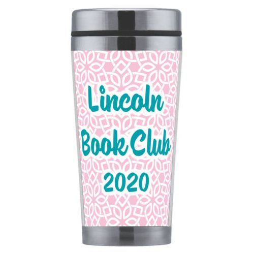 Personalized coffee mug personalized with lattice pattern and the saying "Lincoln Book Club 2020"