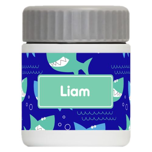 Personalized 12oz food jar personalized with sharks pattern and name in mint