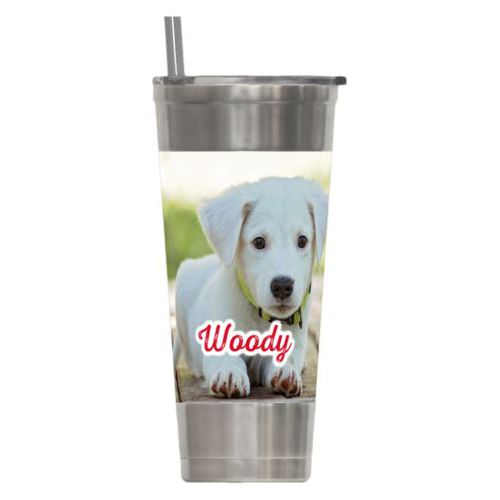 Personalized insulated steel tumbler personalized with photo and the saying "Woody"