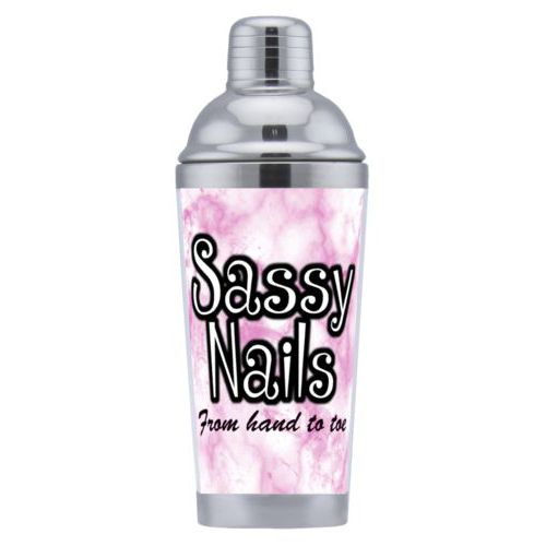 Coctail shaker personalized with pink marble pattern and the sayings "Sassy Nails" and "From hand to toe"