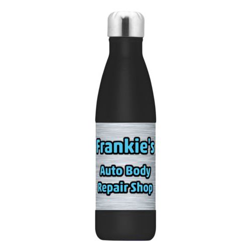Personalized stainless steel water bottle personalized with steel industrial pattern and the saying "Frankie's Auto Body Repair Shop"
