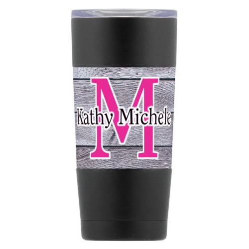 Personalized insulated steel mug personalized with grey wood pattern and the sayings "M" and "Kathy Michele"