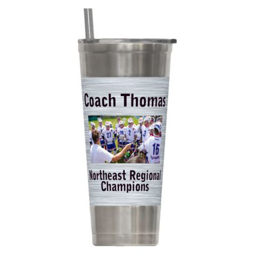 Personalized insulated steel tumbler personalized with steel industrial pattern and photo and the sayings "Coach Thomas" and "Northeast Regional Champions"