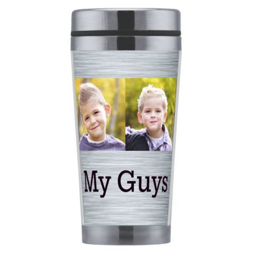 Personalized coffee mug personalized with steel industrial pattern and photo and the saying "My Guys"