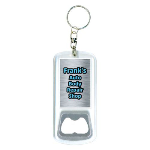 Personalized bottle opener personalized with steel industrial pattern and the saying "Frank's Auto Body Repair Shop"