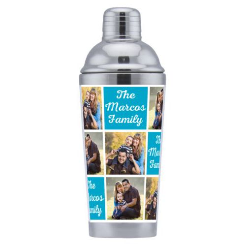 Coctail shaker personalized with photos and the saying "The Marcos Family" in juicy blue and white