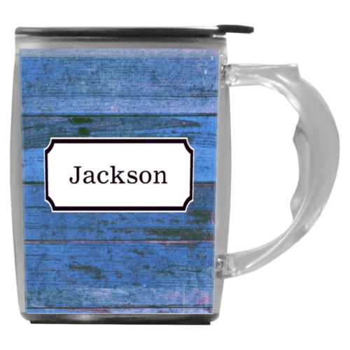 Custom mug with handle personalized with sky rustic pattern and name in black licorice