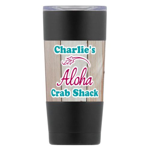 Personalized insulated steel mug personalized with light wood pattern and the sayings "Aloha" and "Charlie's Crab Shack"