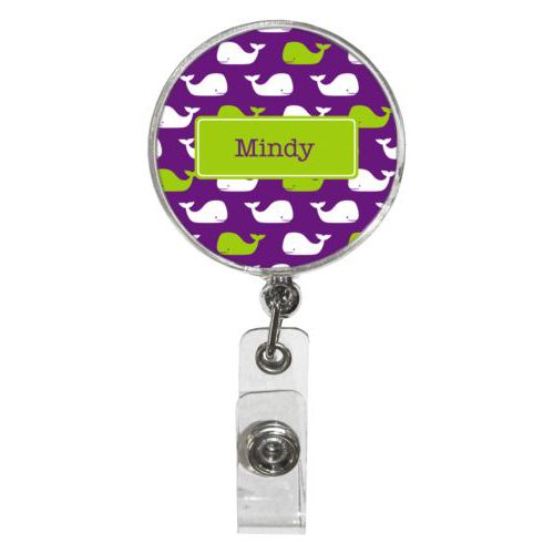 Personalized badge reel personalized with whales pattern and name in orchid and juicy green